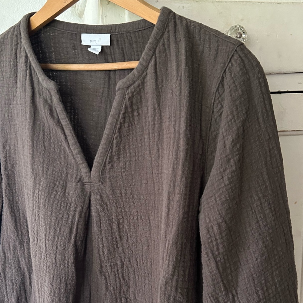J. Jill | Women’s Brown Gauze Textured 3/4 Sleeve Vneck Round Hem Tunic Top, MP - Picture 5 of 14
